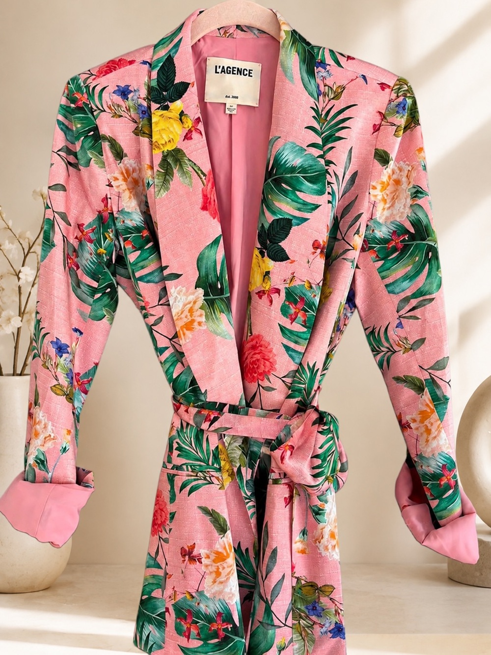 L'AGENCE Pink Floral Blazer with Tie Belt S Small